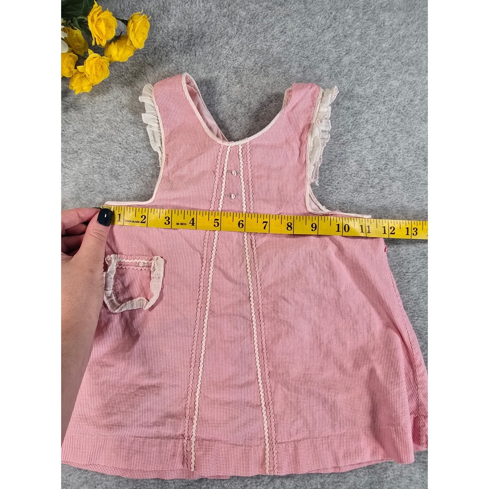 Vintage 60s Gingham Ruffle Pinafore Dress Baby Handmade Embroidered 0-6m - Picture 9 of 13